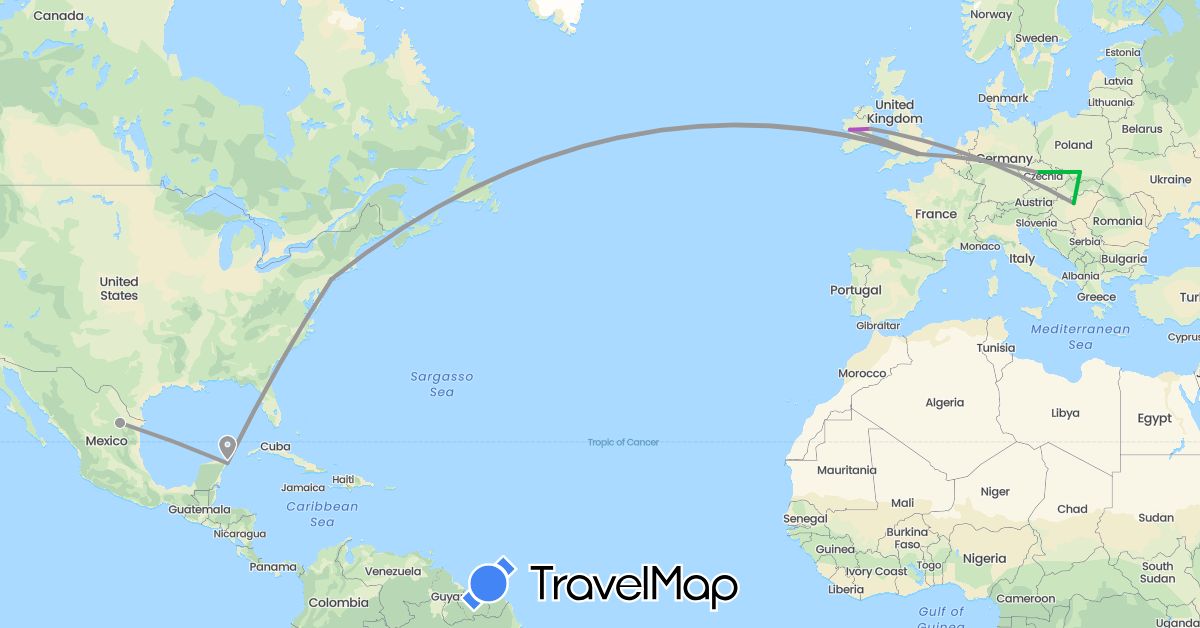 TravelMap itinerary: driving, bus, plane, train in Czech Republic, United Kingdom, Hungary, Ireland, Mexico, Poland, United States (Europe, North America)
